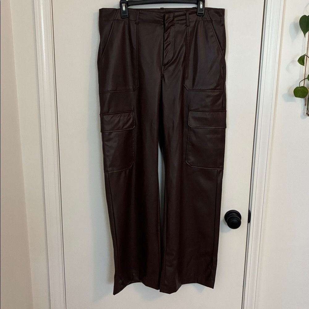 Zara Brown Faux Leather High Waist Cargo Pants Size Large - Picture 4 of 8